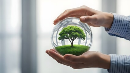 Protecting our future hands cradling a small tree enclosed within a clear glass orb