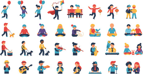 Fototapeta premium People Activities and Hobbies Vector Set Featuring Kids and Adults Playing Music, Celebrating, Parenting, Pets, Sports, and Daily Lifestyle Illustrations