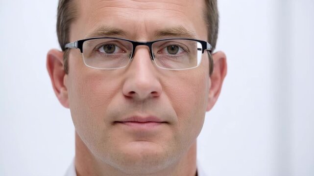 Adult man wearing prescription glasses looking straight at camera in clean eye care setting