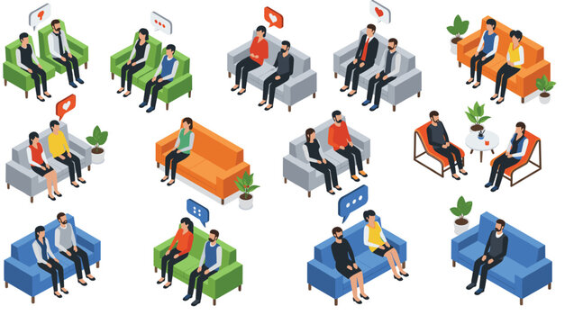 People Communication and Conversation Vector Set Showing Business Meetings, Counseling Sessions, Interviews, and Social Discussions on Sofas and Chairs