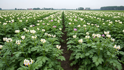 Fototapeta premium Vast potato field with rows of blooming plants showing agricultural cultivation and fresh produce growth under a cloudy sky