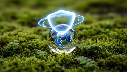 A glowing shield protects a miniature earth held within a clear glass orb surrounded by greenery
