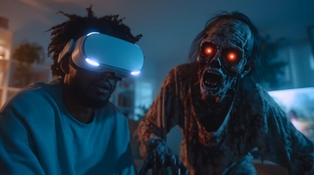 Man wearing VR headset plays a scary zombie game in a dimly lit room
