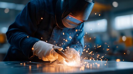 A welder creating sparks against a stainless steel sheet, molten metal scattering as the glossy surface reflects bursts of orange light — industrial fabrication, metalworking craftsmanship, and