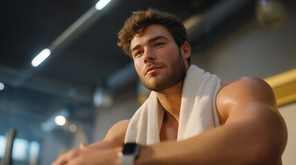 A weightlifter exhaling deeply while sitting on a gym bench between heavy sets, towel over shoulders and heart-rate monitor glowing on their wrist — strength conditioning, endurance mindset, and