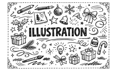 Obraz premium Hand-drawn illustration of festive holiday elements and creative tools