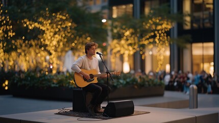 A musician performing on a small outdoor platform in a city square, guitar case open and evening lights twinkling as crowds pause to listen — street culture, artistic expression, and community
