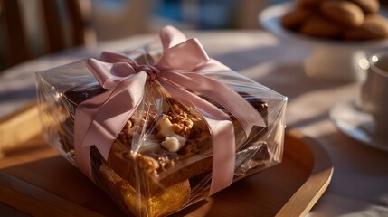 A gift basket wrapped in clear cellophane and tied with a satin ribbon, filled with gourmet treats and seasonal items — premium gifting, holiday celebration, and elegant presentation. cinematic