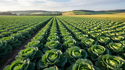 Fototapeta premium Vast green cabbage field stretching to the horizon under a clear blue sky representing agriculture and healthy food production
