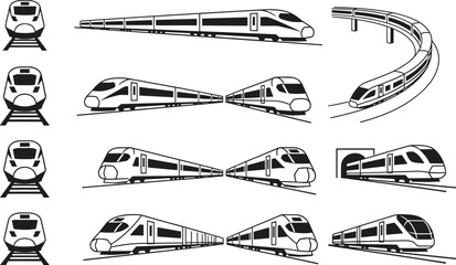 Modern train vector illustration set, front side angled views, tunnel and track scenes, black white transport icons, rail graphics © Itz Nurunnabi 