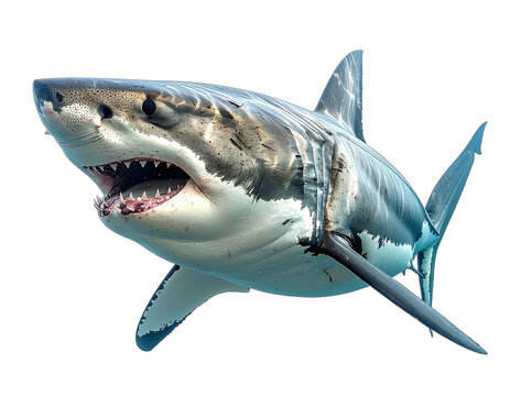 A close-up shot of a great white shark, showcasing its teeth and scales in the ocean