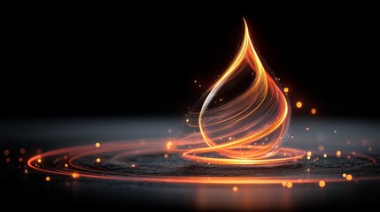 Swirling orange flame droplet rises from a rough gray base, encircled by sparkling red trails against a black void. Abstract energy form for innovation themes, power symbols and motion forces.