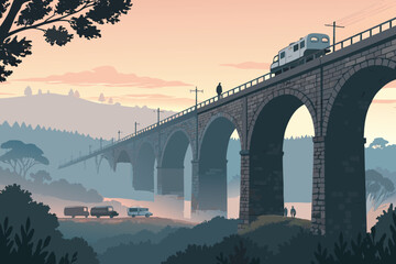 Obraz premium Ancient Stone Bridge Toll Trade Dawn