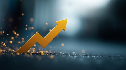 Jagged yellow arrow points upward, emerging from particle dust on a teal gradient surface with amber orbs. Symbol for progress surges, market trend reports, business growth and positive escalation.