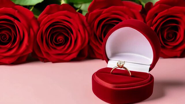 Red roses with engagement ring in velvet box on pink background  