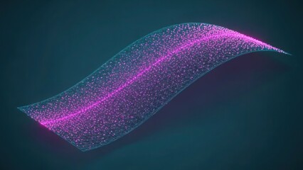A vibrant pink and blue digital wave of particles on a dark background