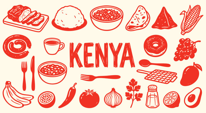 Kenya foods Icon Set. Kenyan Food. A hand drawn vector collection of ugali, nyama choma, chapati, tea and tropical fruits for an African restaurant menu and travel brochure.