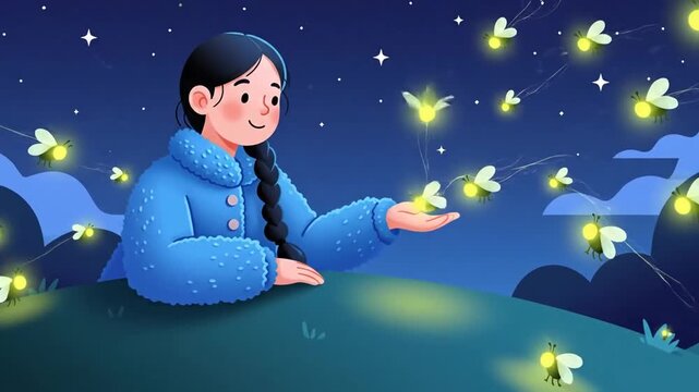 A Girl Enjoys a Peaceful Night With Fireflies Under the Starry Sky Dreamy Scene