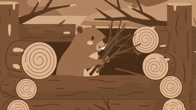 Adorable Beaver Building A Cozy Log Home In The Forest Cartoon Style Animation