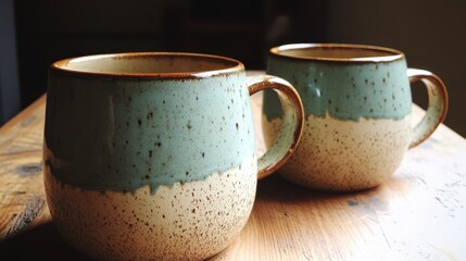 Aesthetic view of two artisan ceramic mugs placed on a rustic wooden table, showcasing the blend of craftsmanship and earthy tones in culinary settings.
