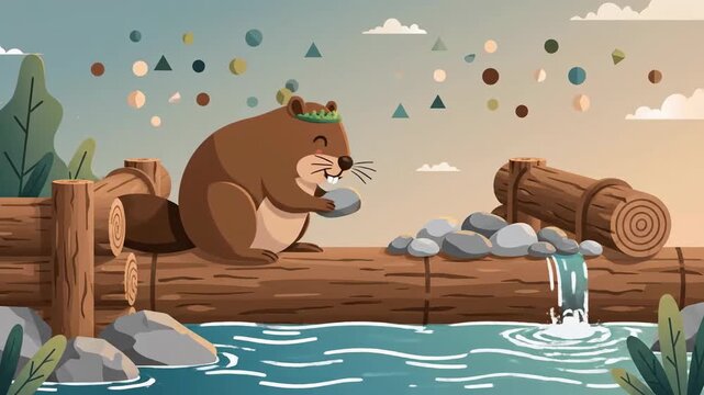 Adorable Cartoon Beaver In Nature Scenery With Waterfall And Logs Animated Background Video