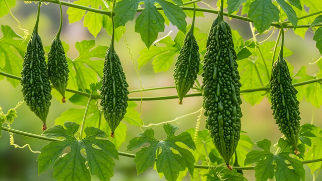 Bitter melon gourds hanging from a vine organic produce with textured skin healthy food concept for natural wellness and Asian cuisine
