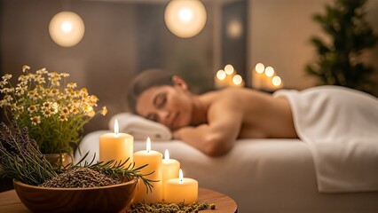 Serene woman enjoying relaxing spa treatment with candles and flowers in calming ambiance for wellness and self care routine with relaxation and massage and serenity and peaceful with tranquil