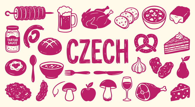 Czech Icon Set. Czech Food. A hand drawn vector collection of goulash, beer, dumplings, pastry and traditional items for an Eastern European restaurant menu and travel guide.