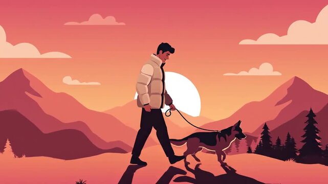 A Man And His Loyal Dog Enjoying A Scenic Walk At Sunset In Nature Landscape