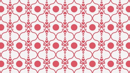 Red and White Heart Lattice Background , Seamless Ornamental Diamond Lattice with Bow Motif and Graduated Hearts, Retro Valentine Wedding Texture for Cards, Invitations, Banners, Social Media, Wrappin