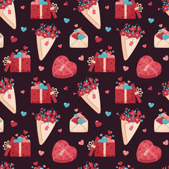 Seamless romantic pattern with bouquets, gift boxes, hearts and love letters in red and pink colors on dark background. Suitable for Valentines Day, weddings, anniversaries and romantic design.
