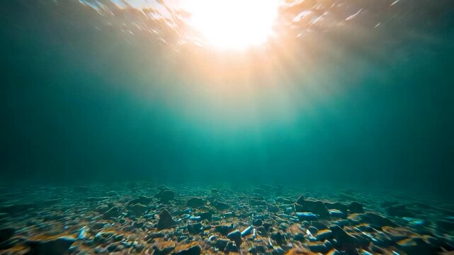 Underwater sunlight rays penetrating turquoise ocean water illuminating rocky seabed with pebbles and stones below surface