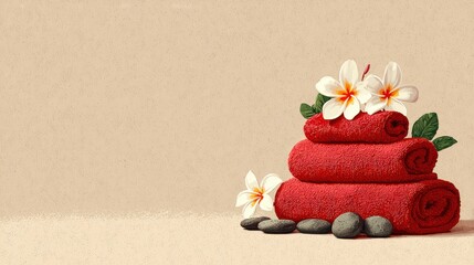 Relaxing Spa Arrangement with Red Towels and Fresh Flowers
