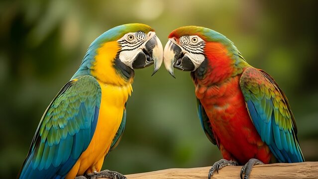 Parrot bird love romantic valentine's day concept colorful macaws sharing a tender moment