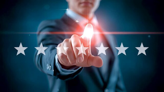 Businessman pointing forward with glowing red star energy and five shining rating stars in dark blue background