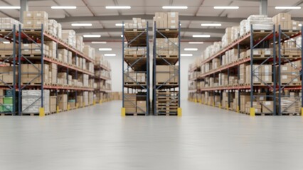 Vast Warehouse Interior with Rows of Shelves Stocked with Cardboard Boxes