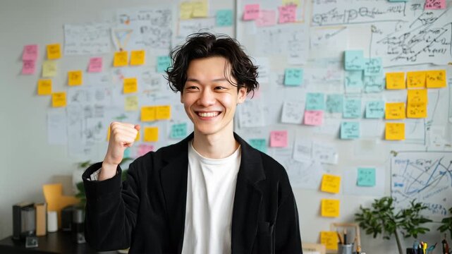 ベンチャーオフィスで企画成功を喜ぶ男性、付箋とホワイトボード前