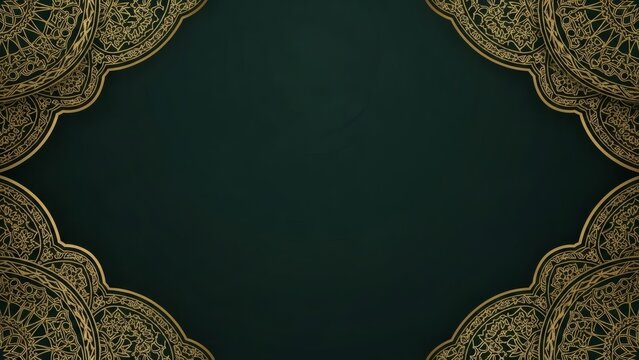 ramadan Green Islamic Frame Background with Gold Ornament Border