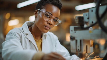A scientist using CO₂ lasers for micro-cutting in a high-tech fabrication lab, sparks illuminating the workspace as precision engineering unfolds — laser technology, manufacturing accuracy, and