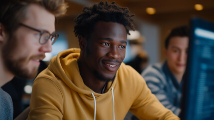 A multicultural group of engineers programming a humanitarian robot with voice commands in multiple languages, testing how technology adapts to diverse communities — inclusive innovation, AI