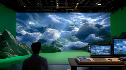 A CGI team turning green-screen footage into an alien planet, seamlessly blending live actors with detailed textures, sky matte paintings, and atmospheric depth — professional chroma-key