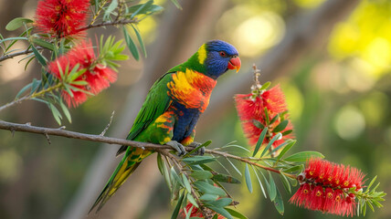 Rainbow lorikeet perched on a branch with bottlebrush flowers