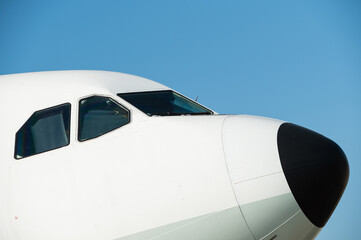 Close up of the cockpit windows and nose cone