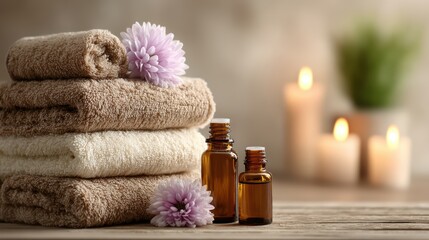 Relaxing Spa Setting with Towels, Essential Oils, and Candles