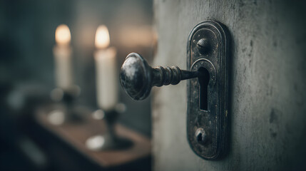 Close-up of old vintage door handle with keyhole and blurred candles in background, evoking a sense of mystery and nostalgia in a dark room