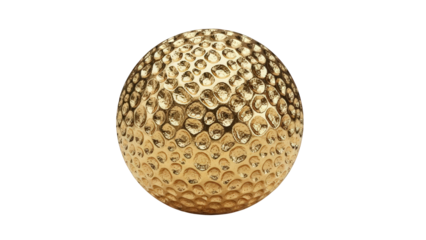 A gold golf ball with a textured surface featuring numerous small dimples is centered against a solid black background