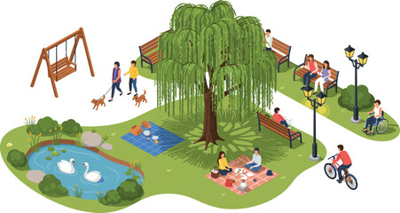 Isometric City Park Scene Vector Illustration with People Relaxing, Walking Dogs, Cycling, Picnic Activities, Playground, Trees, and Urban Nature Landscape Design