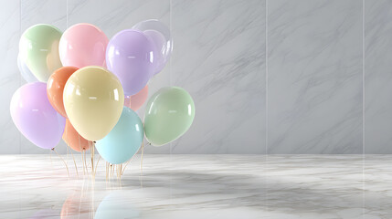 Colorful balloons tied together standing on marble floor in modern interior with natural light, festive celebration decoration
