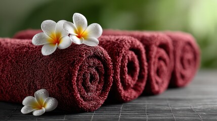 Fresh Red Towels with White Flowers on a Natural Background