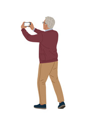 Minimalist digital illustration of an elderly man viewed from behind, photographing with a smartphone, in clean modern flat style on transparent background.
